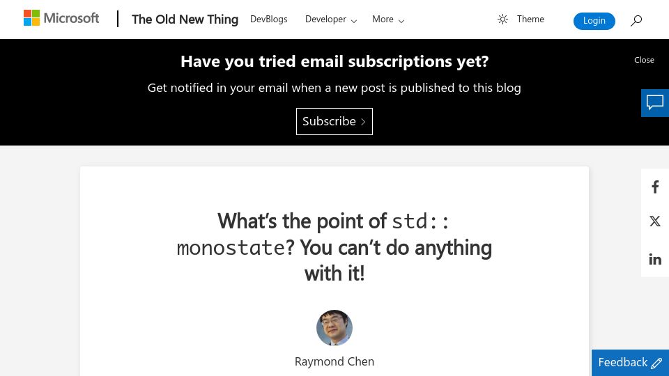Screenshot of devblogs.microsoft.com: What's the point of std:monostate? You can't do anything with it