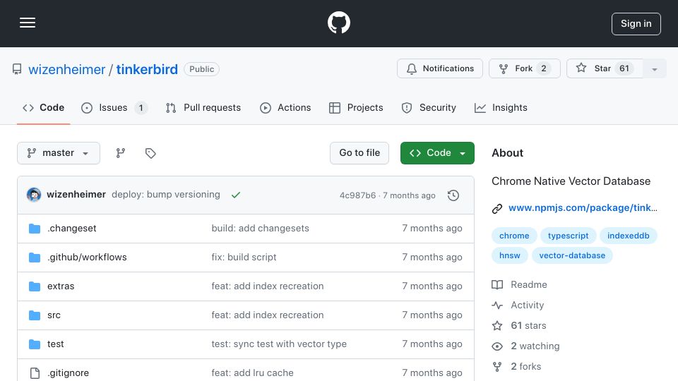 Screenshot of github.com: Show HN: TinkerBird – A Chrome-native vector database