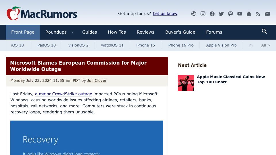 Screenshot of macrumors.com: Microsoft Blames European Commission for Major Worldwide Outage