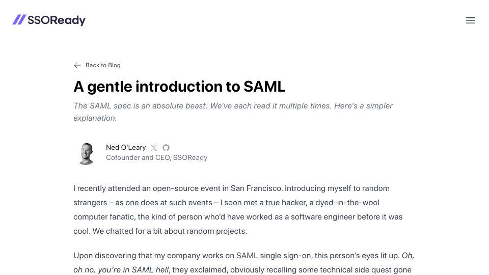 Screenshot of ssoready.com: A Gentle Introduction to SAML