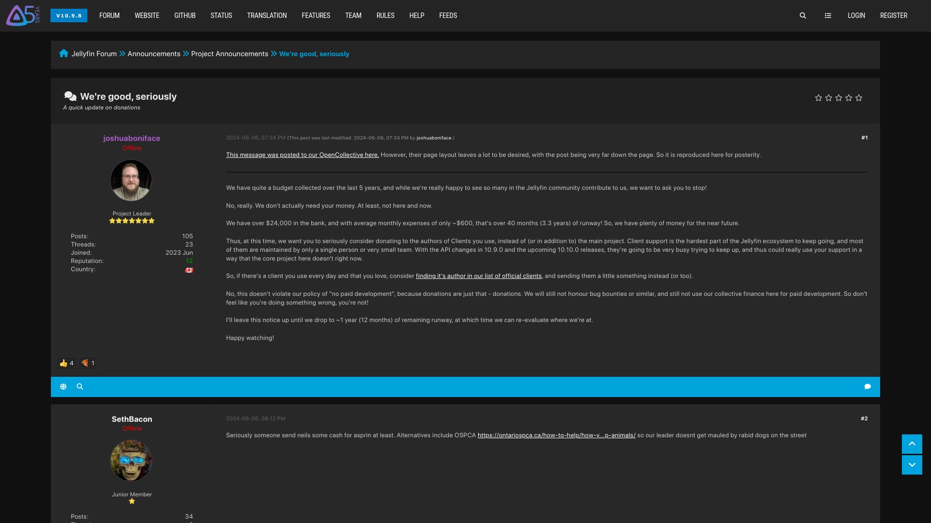Screenshot of forum.jellyfin.org: Jellyfin: We're Good, Seriously