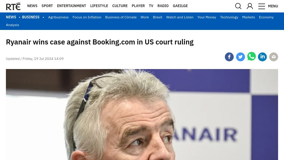 Screenshot of rte.ie: Ryanair wins screen scraping case against Booking.com in US court ruling