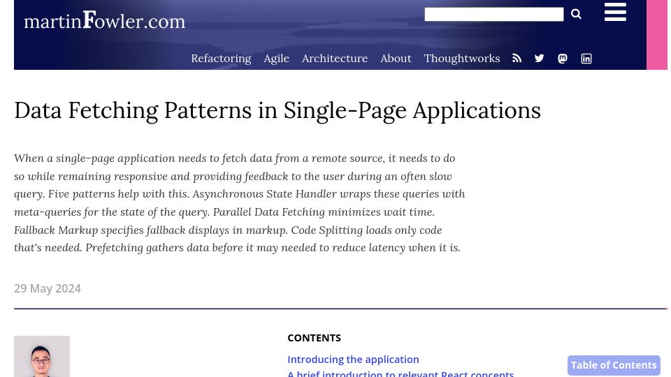 Screenshot of martinfowler.com: Data Fetching for Single-Page Apps