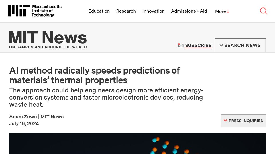 Screenshot of news.mit.edu: AI method rapidly speeds predictions of materials' thermal properties