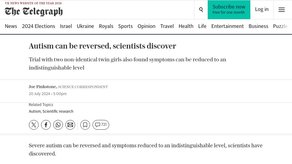 Screenshot of telegraph.co.uk: Autism can be reversed, scientists discover