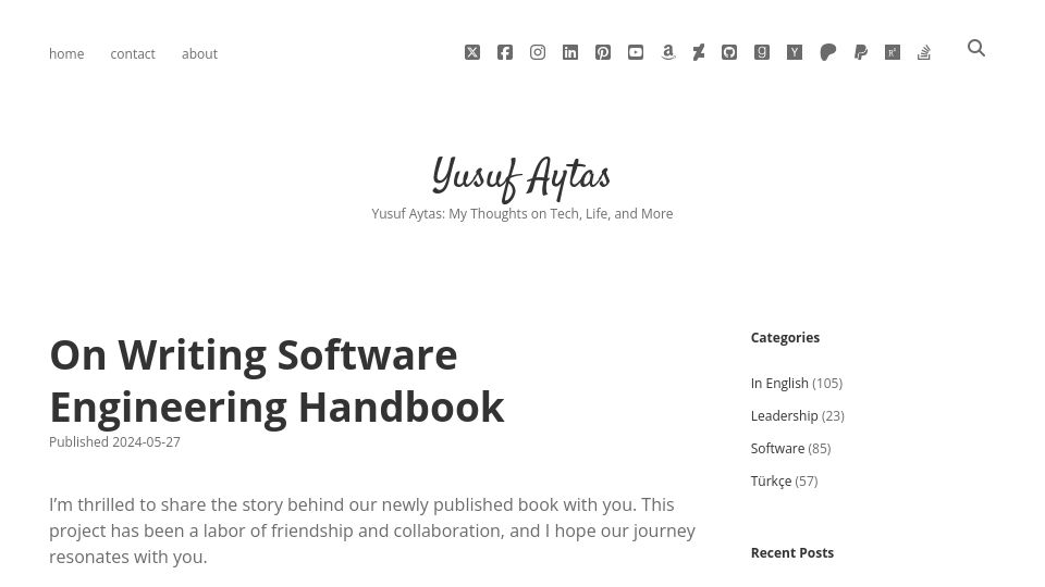 Screenshot of yusufaytas.com: Writing Software Engineering Handbook