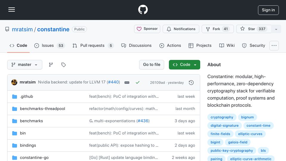 Screenshot of github.com: Constantine: Nim lang high-performance, zero-dependency cryptography stack