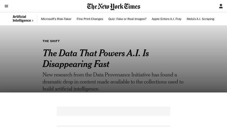 Screenshot of nytimes.com: The data that powers AI is disappearing fast