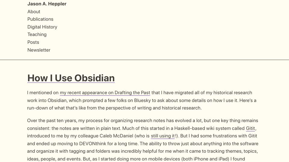 Screenshot of jasonheppler.org: I Use Obsidian
