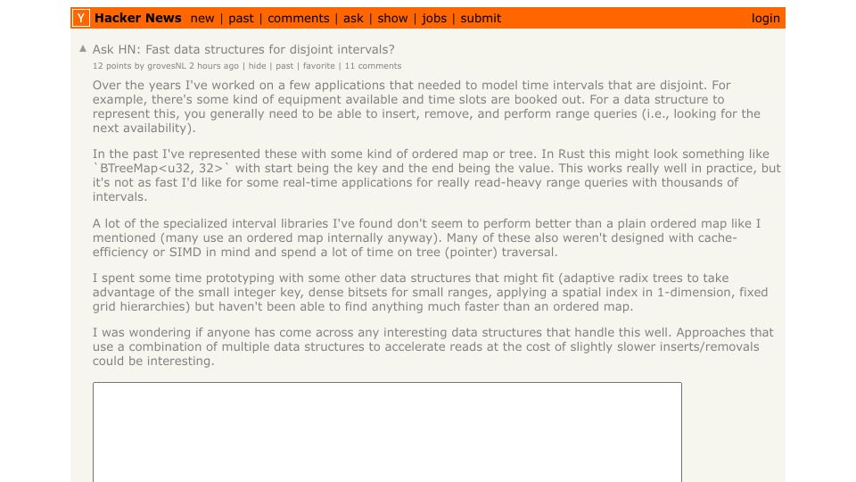 Screenshot of Hacker News post: Ask HN: Fast data structures for disjoint intervals?