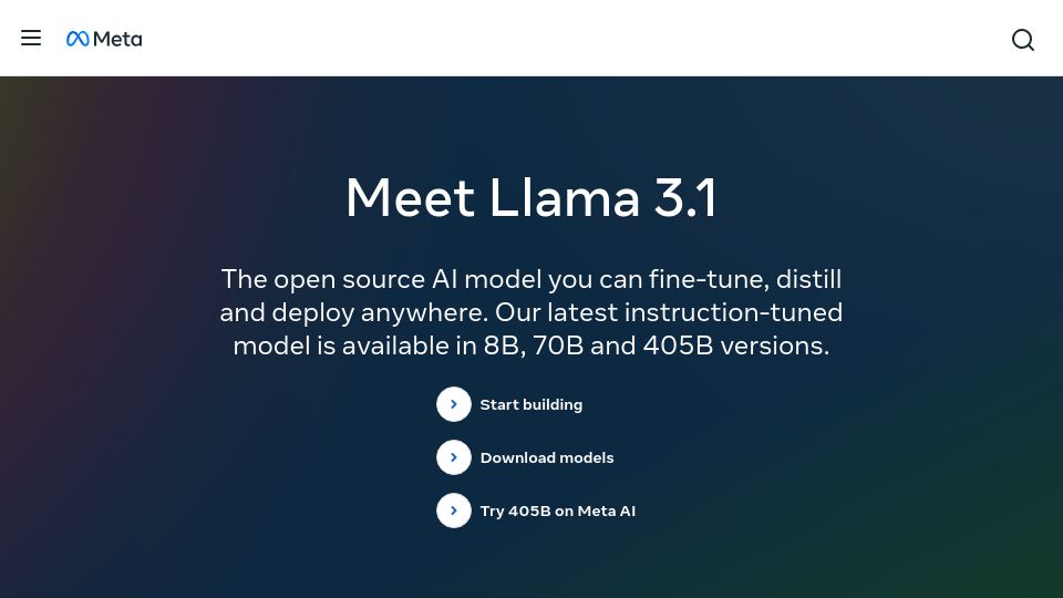Screenshot of llama.meta.com: Llama 3.1 Official Launch