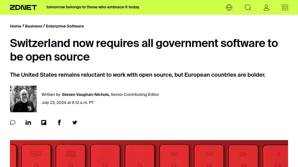 Screenshot of zdnet.com: Switzerland now requires all government software to be open source