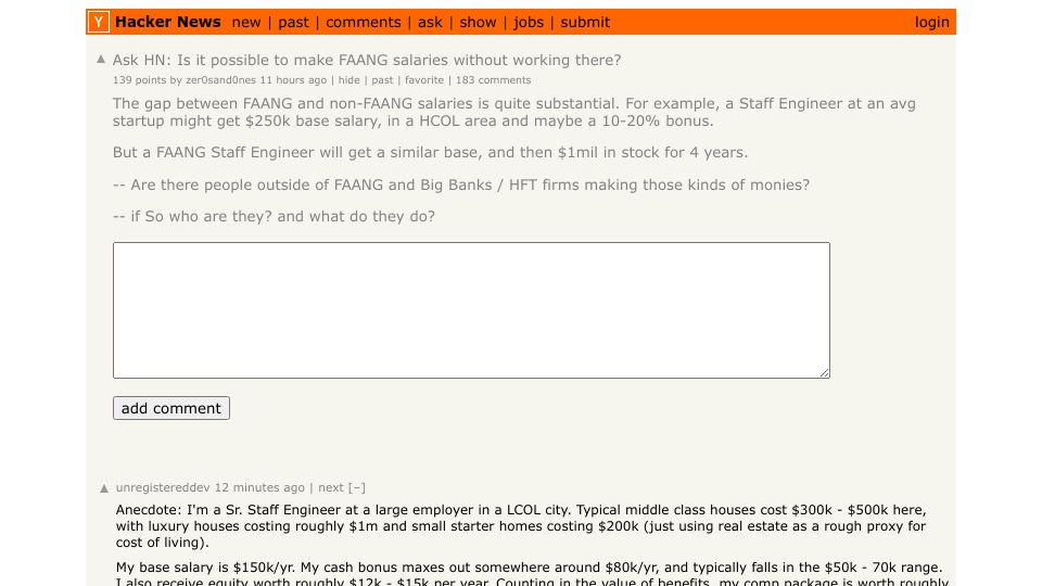 Screenshot of Hacker News post: Ask HN: Is it possible to make FAANG salaries without working there?