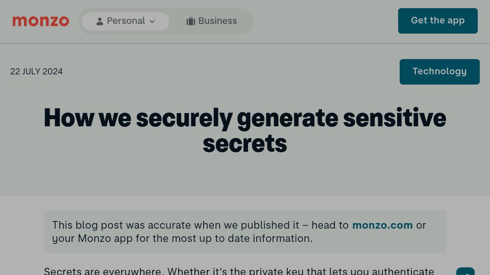 Screenshot of monzo.com: We securely generate sensitive secrets