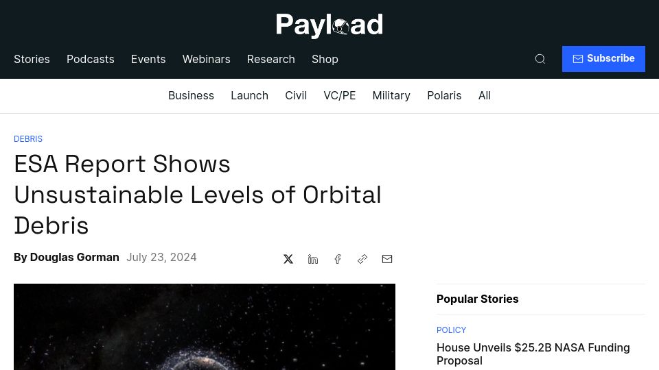 Screenshot of payloadspace.com: ESA report shows unsustainable levels of orbital debris