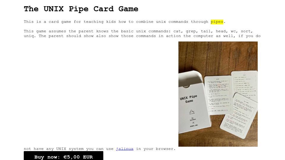 Screenshot of punkx.org: The Unix Pipe Card Game