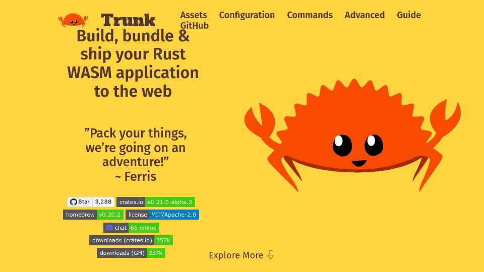 Screenshot of trunkrs.dev: Trunk: Build, bundle and ship your Rust WASM application to the web
