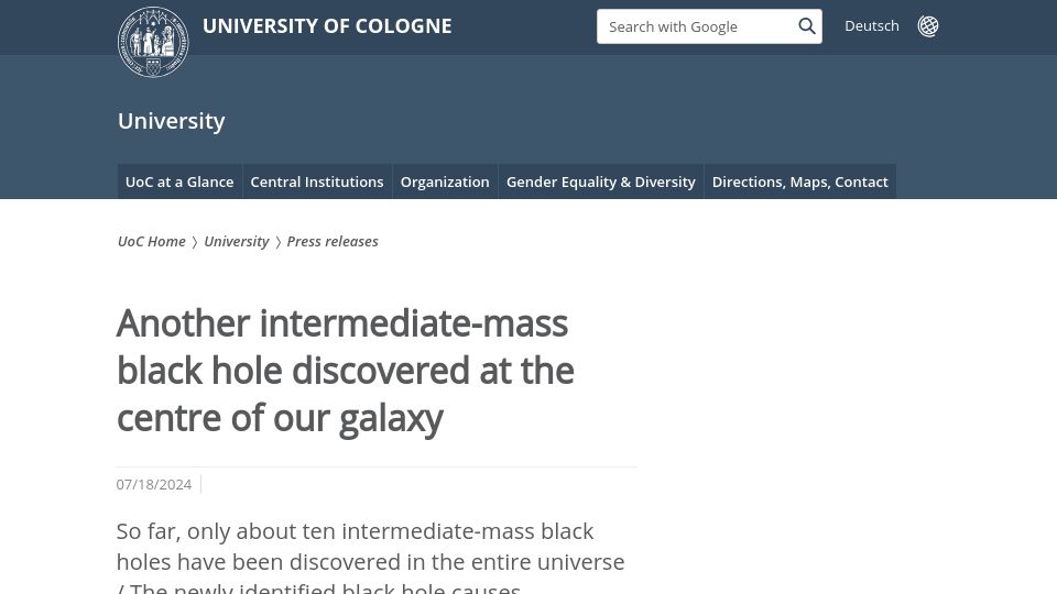 Screenshot of portal.uni-koeln.de: Another intermediate-mass black hole discovered at the centre of our galaxy