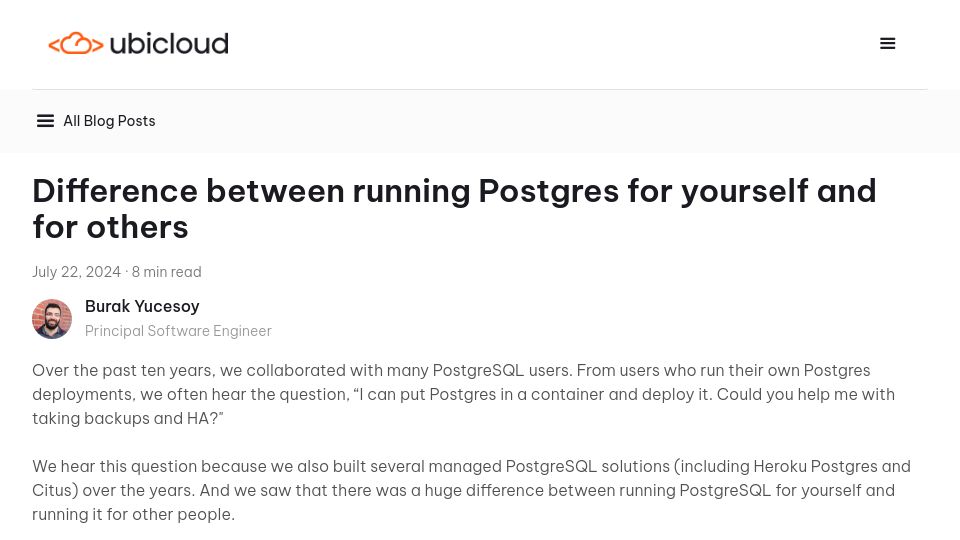 Screenshot of ubicloud.com: Difference between running Postgres for yourself and for others