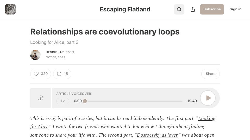 Screenshot of henrikkarlsson.xyz: Relationships are coevolutionary loops (2023)