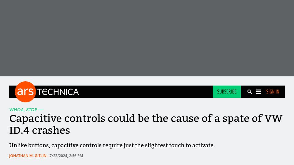 Screenshot of arstechnica.com: Capacitive controls could be the cause of a spate of VW ID.4 crashes
