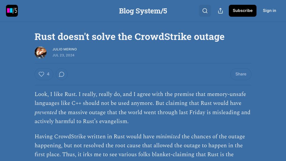 Screenshot of blogsystem5.substack.com: Rust doesn't solve the CrowdStrike outage