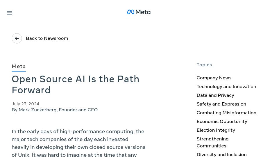 Screenshot of about.fb.com: Open source AI is the path forward