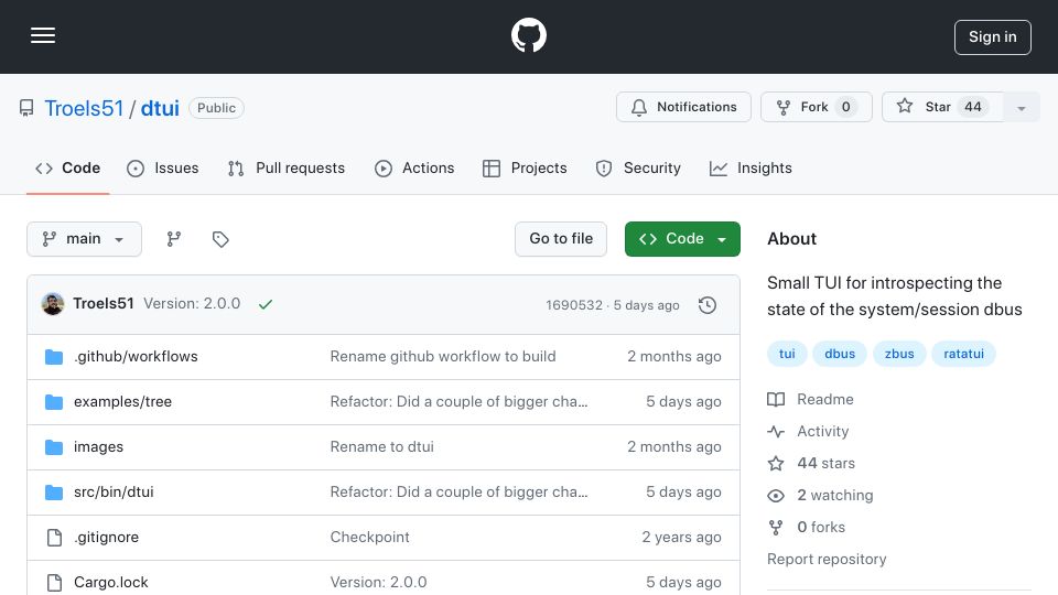 Screenshot of github.com: Dtui – TUI for introspecting the state of the system/session dbus
