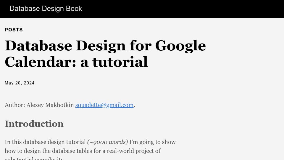 Screenshot of kb.databasedesignbook.com: Database Design for Google Calendar: A Tutorial