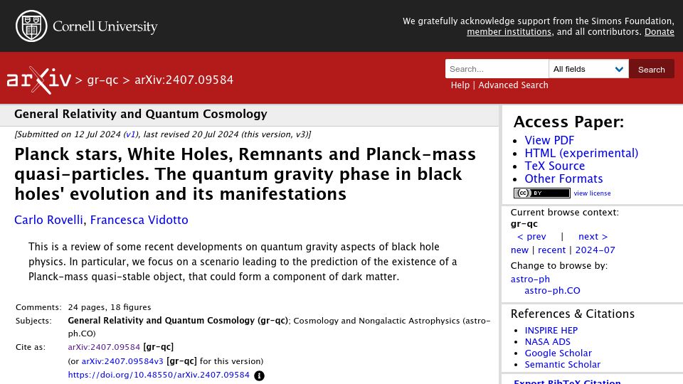 Screenshot of arxiv.org: Planck stars, White Holes, Remnants and Planck-mass quasi-particles