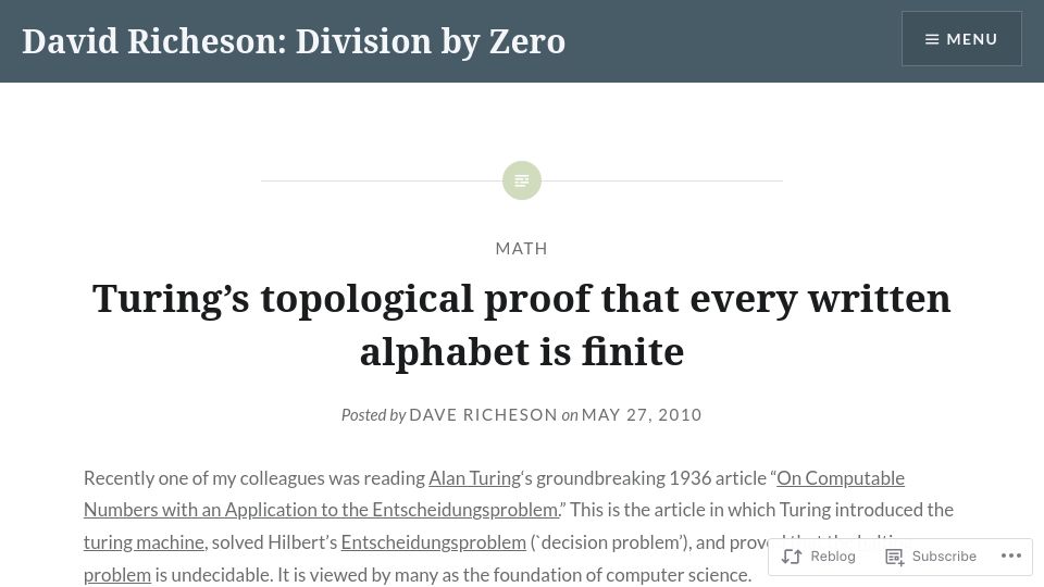 Screenshot of divisbyzero.com: Turing's topological proof that every written alphabet is finite (2010)