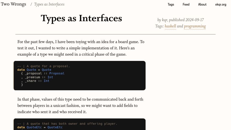 Screenshot of two-wrongs.com: Types as Interfaces