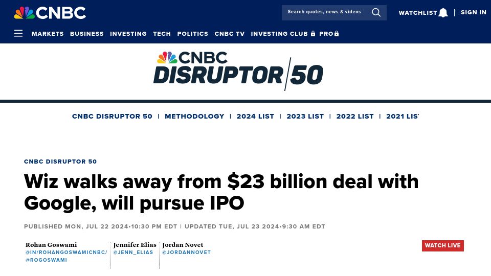Screenshot of cnbc.com: Google-Wiz deal fizzles out, company will pursue IPO