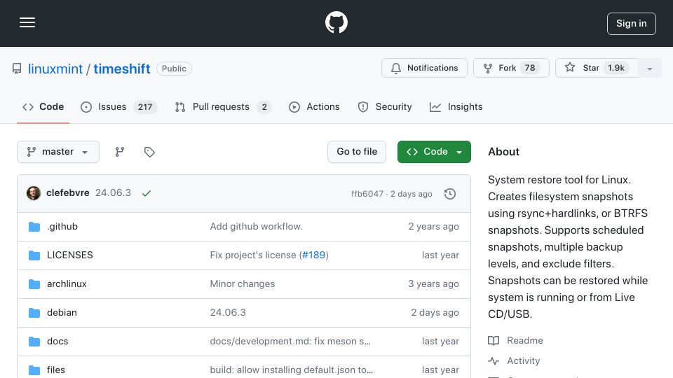 Screenshot of github.com: Timeshift: System Restore Tool for Linux