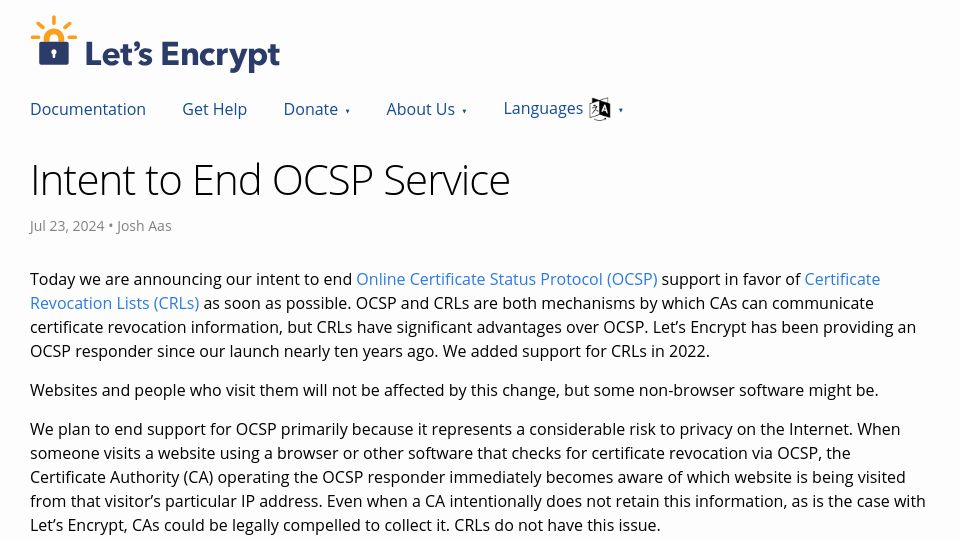 Screenshot of letsencrypt.org: Intent to end OCSP service