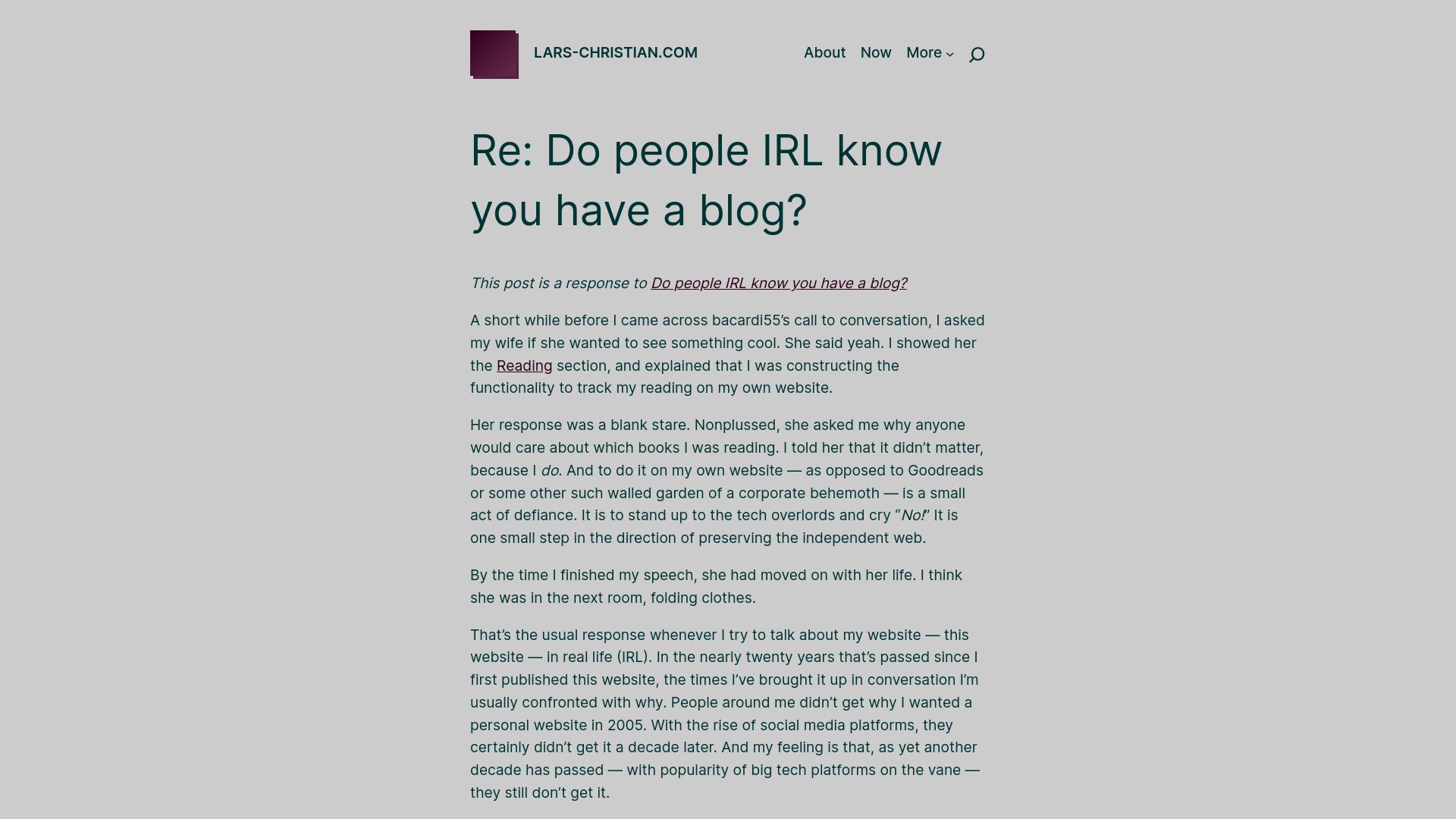 Screenshot of lars-christian.com: Re: Do people IRL know you have a blog?
