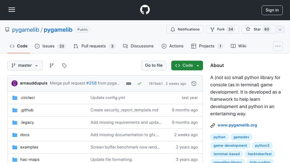 Screenshot of github.com: A (not so) small library for terminal based game development