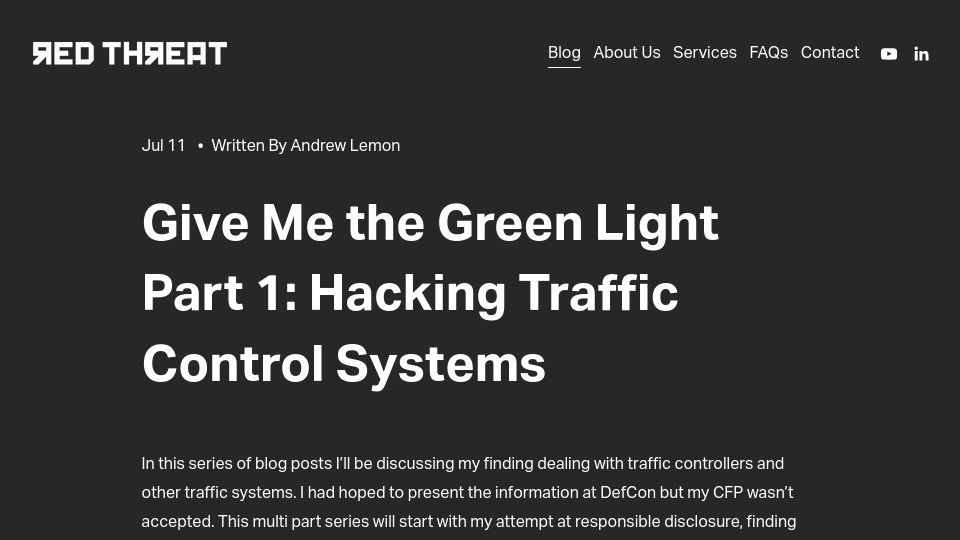 Screenshot of redthreatsec.com: Give Me the Green Light Part 1: Hacking Traffic Control Systems