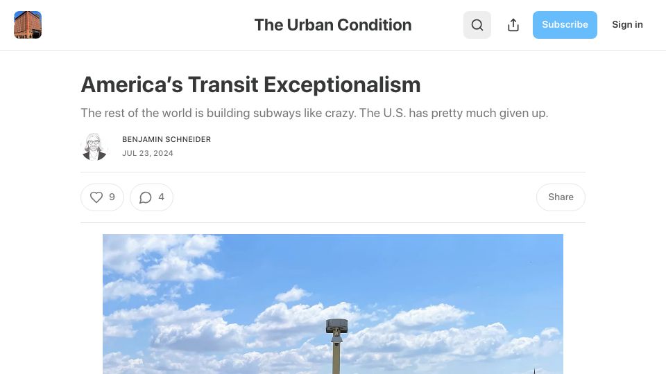 Screenshot of benjaminschneider.substack.com: America’s Transit Exceptionalism