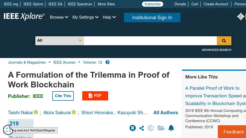 Screenshot of ieeexplore.ieee.org: A Formulation of the Trilemma in Proof of Work Blockchain