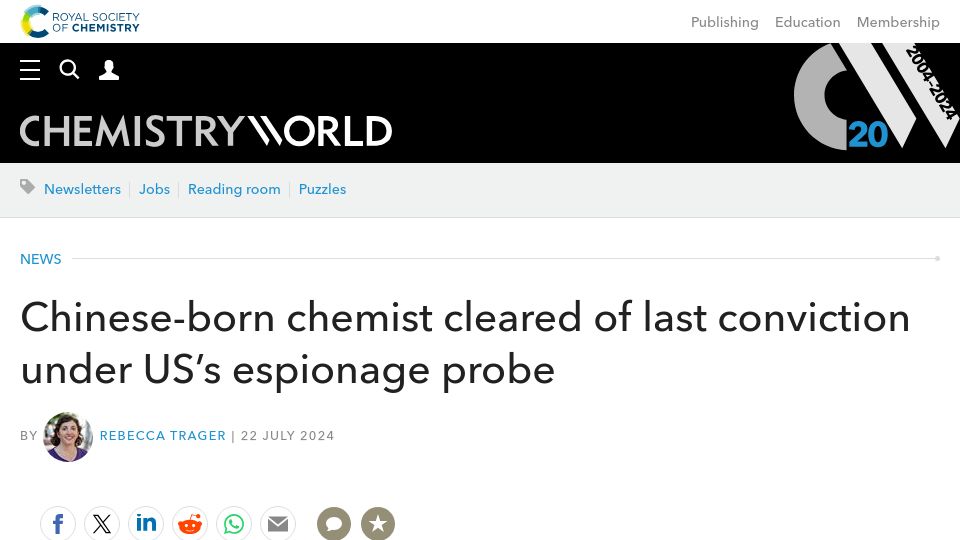 Screenshot of chemistryworld.com: Chinese-born chemist cleared of last conviction under US’s espionage probe