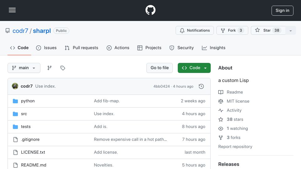 Screenshot of github.com: Show HN: Lisp in C#