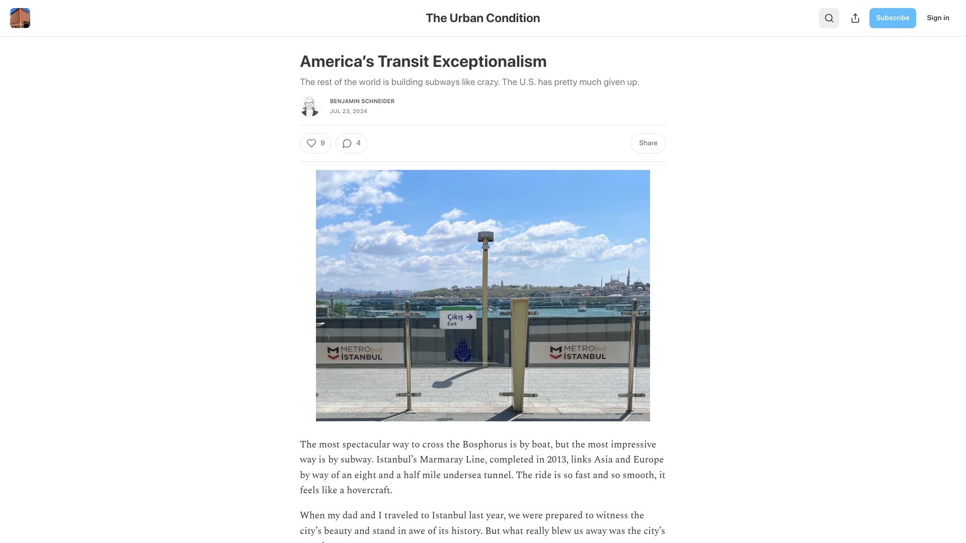 Screenshot of benjaminschneider.substack.com: America’s Transit Exceptionalism