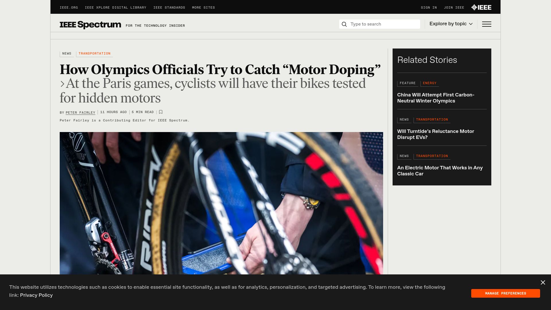 Screenshot of spectrum.ieee.org: How Olympics officials try to catch “motor doping”