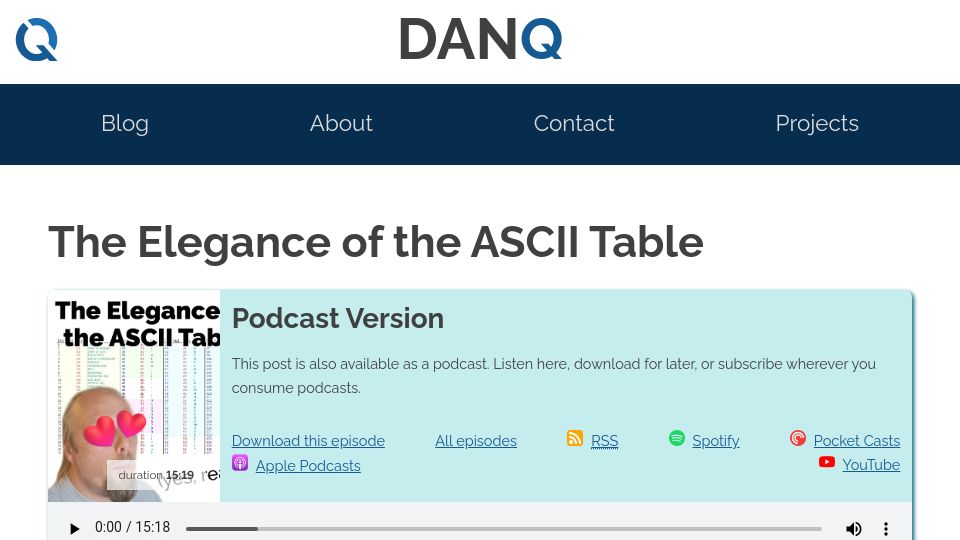 Screenshot of danq.me: The Elegance of the ASCII Table