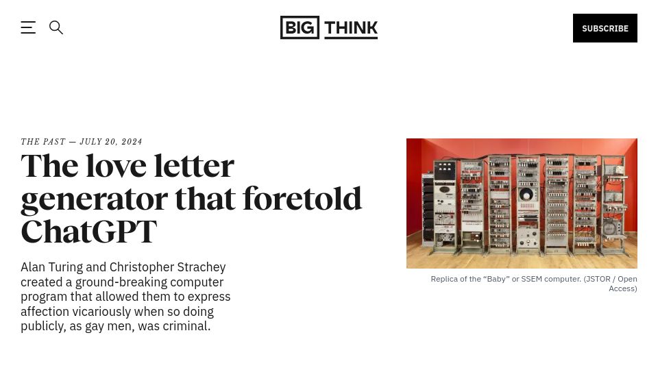 Screenshot of bigthink.com: The love letter generator created by Alan Turing and Christopher Strachey