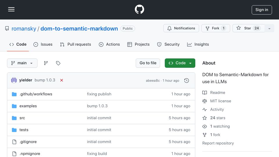 Screenshot of github.com: Show HN: Convert HTML DOM to semantic markdown for use in LLMs