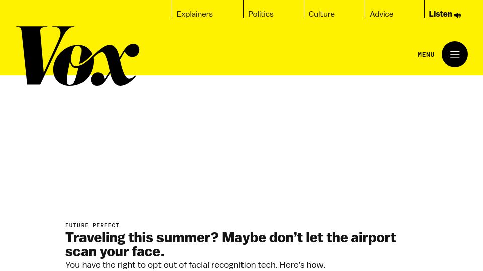 Screenshot of vox.com: You can opt out of airport face scans