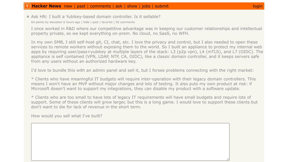 Screenshot of Hacker News post: Ask HN: I built a Yubikey-based domain controller. Is it sellable?