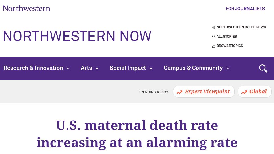 Screenshot of news.northwestern.edu: U.S. maternal death rate increasing at an alarming rate